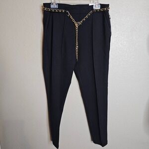 NWT Nicole Miller Black Ponte Front seam Mid Rise Slim Leg Pant Chain Belt Large
